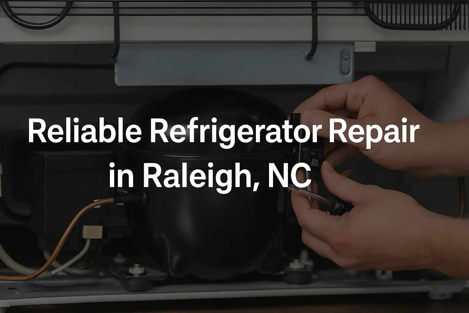 Technician servicing a refrigerator compressor with overlay text “Reliable Refrigerator Repair in Raleigh, NC.”